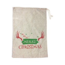 Burlap Christmas Gift Bag with Drawstring Reindeer Antler Design 20 x 14