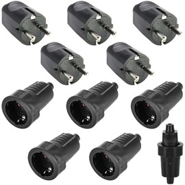 5 x Schuko Plug Coupling Outdoor: 250 V 16 A IP54 Protective Contact Plug, Rubber Plug Coupling Set with Kink Protection, 2-Pole, Outdoor Waterproof Schuko Plug for Outdoor Use, Black