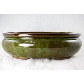 Yubonzai Oval Glazed Bonsai Pot, Cactus & Succulent Planter + Mesh, Outside Dimension 12"x 8.5"x 3.75" - Moss Green (638-12MG)