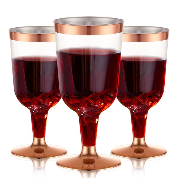N9R 30 Pack Plastic Wine Glasses with Rose Gold Rim, 6 Oz Plastic Wine glasses with Stem, Disposable Wine Cups Reusable Suitable for Party Weeding Birthday