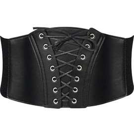 Glamorstar Corset Belt for Women Wide Elastic Tied Waspie Belts Lace-up Leather Waist Belts for Women Dresses 105cm Retro Black B