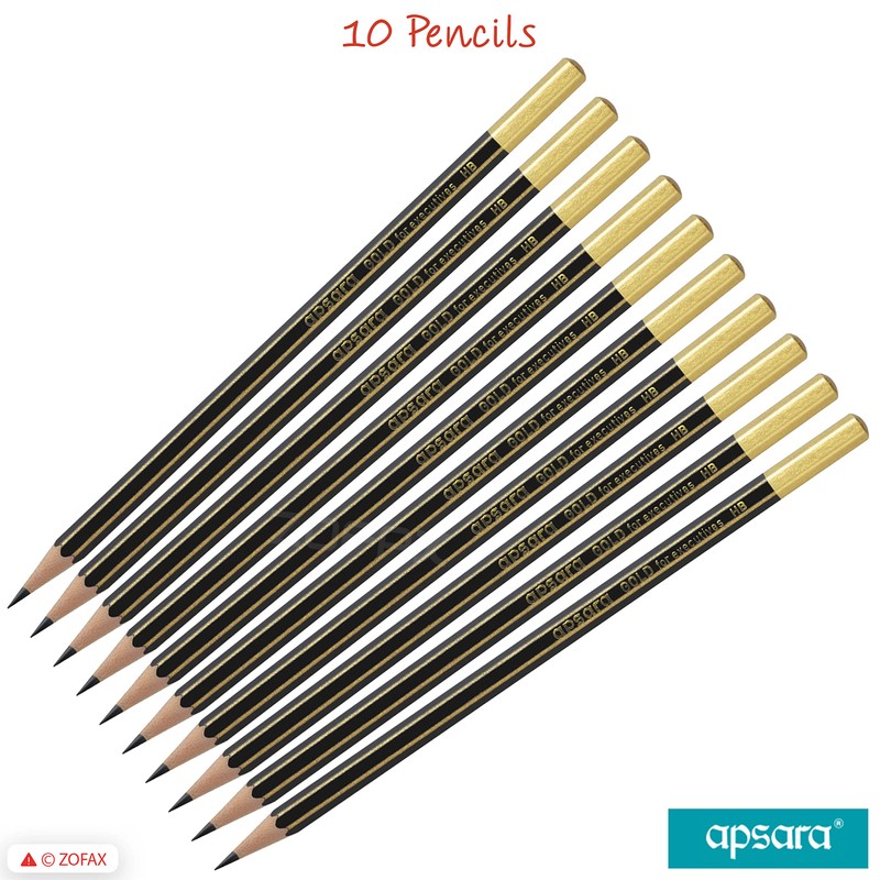 Apsara Gold 10 Wooden Pencils Eraser Sharpener Break-Resistant Lead Office