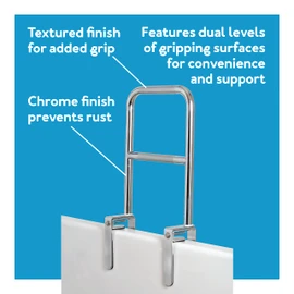 Carex Tri-Grip Bathtub Rail with Chrome Finish - Bathtub Grab Bar Safety Bar For Seniors and Handicap - For Assistance Getting In and Out of Tub, Easy to Install on Most Tubs,Silver