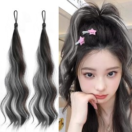 mefeny Hair Extensions for Kids, Ponytail, 2 Pieces, Mesh, Long, Curly Hair, Heat Resistant, Elastic Included, For Women Braid Bun Dance, Gray