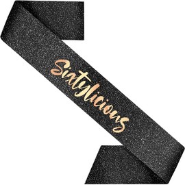 PartyForever 60th Birthday Sash Decorations for Her Made of Black Glitter Fabric with Rose Gold Letters for Women