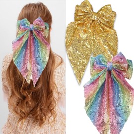 2 Pcs Big Glitter Hair Bows for Women Girls Sequin Hair Bows Clips with Long Tail Large Hair Barrettes Rainbow and Rose Gold Sparkly Hair Accessories for Women Girls