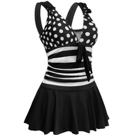 AONTUS Traje de baño de color en contraste para mujer, talla grande, control de abdomen con pantalones cortos para niño, Rayas blancas y negras., 24-26