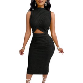 Women's 2025 Summer Dress Elegant Mock Neck Sleeveless Cocktail Party Midi Dresses Black X-Large