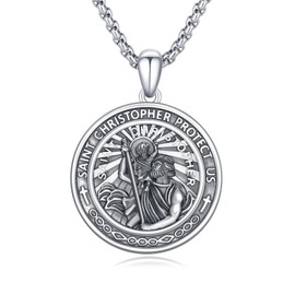 OHAYOO St Christopher Chain 925 Sterling Silver Religious Amulet Necklace Sant Christopher Pendant Men's Protector Talisman Religious Jewellery for Men Women, Sterling Silver