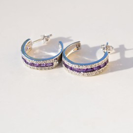 Silver Smile Sterling Silver Hoop Earrings | 2.5 CTW Dual Lab-Created White Topaz and Natural Amethyst Earrings With Push Backs | Baguette Huggie Earrings | Cute Earrings Aesthetic | Hanging Earrings