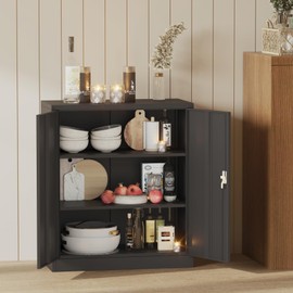 Garage Tool Storage Cabinet with Lock, 35 Inch Heavy-Duty Steel Metal Cabinet with 2 Adjustable Shelves, Rust-Resistant Powder-Coated Office Workshop Utility Storage Organizer for Tools, Black