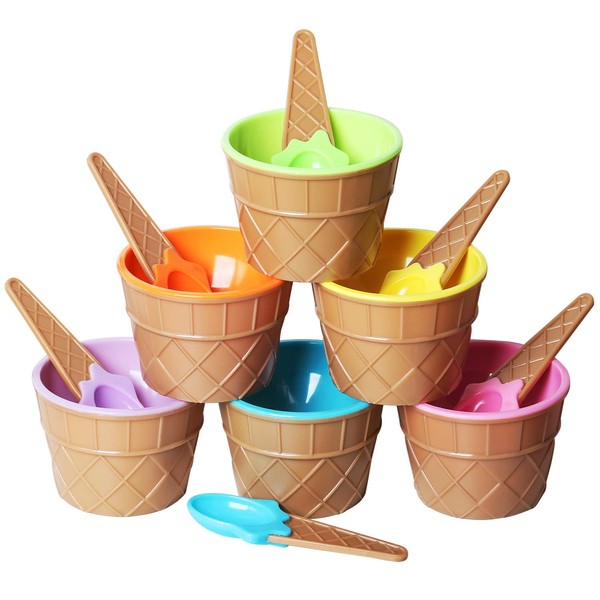 TRIXES Set of 6 Ice Cream Dessert Bowls and Matching Spoons, Plastic, Assorted Cute Colours Pink, Lilac, Blue Orange, Yellow & Green, Wafer Design Ice Cream Cone Bowl