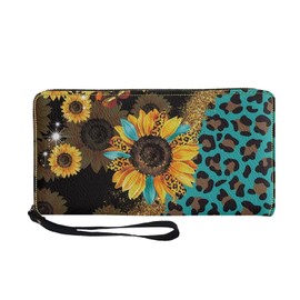 Coldinair Leopard Sunflower Print Wallets for Women PU Leather Credit Card Holder with RFID Blocking Waterproof Large Capacity Wristlet Handbag
