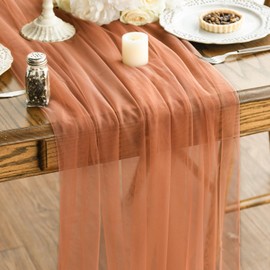 Artoid Mode Terracotta Gauze Table Runner 120 Inch 10FT, Seasonal Sheer Chiffon Cheesecloth Kitchen Dining Holiday Birthday Table Decor for Home Party