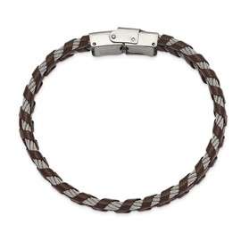 Auriga Fine Jewelry Stainless Steel Polished Cable and Brown Leather Bracelet 8.25"