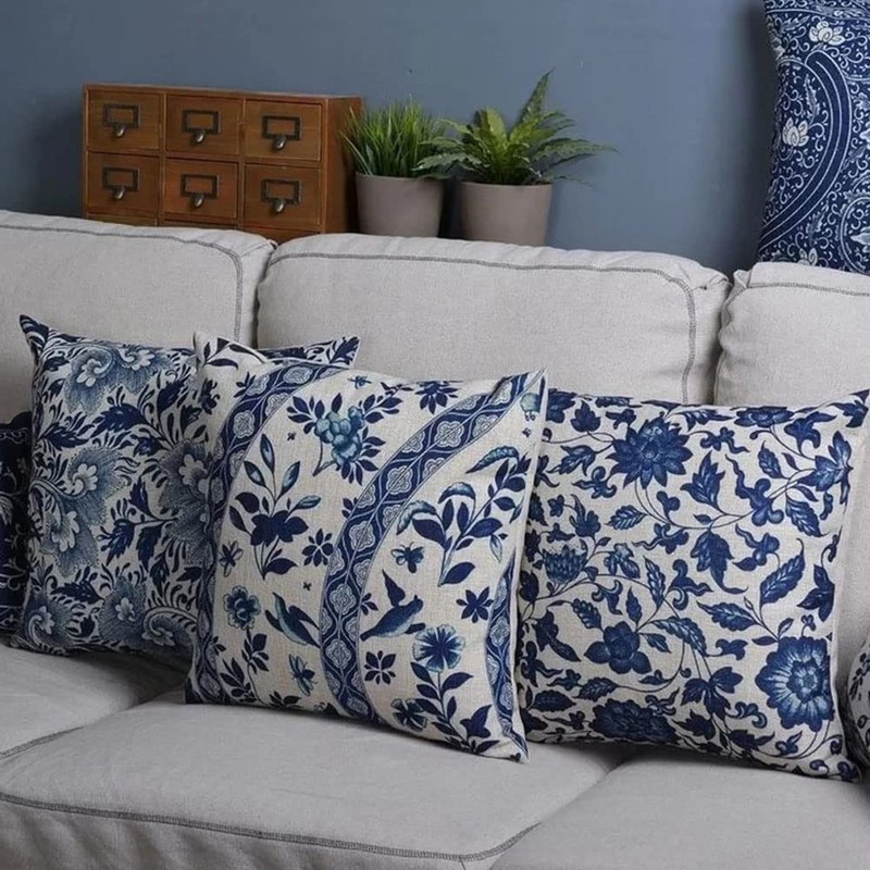 D (45X45cm) Decorative Hamptons Oriental Blue Floral Linen Cushion Cover