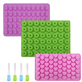 Mini moldes de silicona para caramelos de frutas, 5 moldes de silicona antiadherentes, incluyendo mini dinosaurio, forma de oso, corazones, mini dona y varias frutas, con 4 cuentagotas