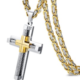 JUNOVUROS Cross Pendant Necklace for Men, Jesus Christ 316L Stainless Steel 20 to 28 In Rolo/24 In Byzantine Chain, 2 Sizes of Religious Jewelry with Silver/Gold/Black/Multicolor