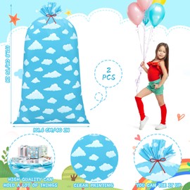 Leinuosen 2 Pcs 70 Inches Jumbo Gift Bag Extra Large Baby Shower Bags Blue Sky White Cloud Gift Bags Oversized Plastic Birthday Gift Bags with Ropes for Baby Shower Party Favors