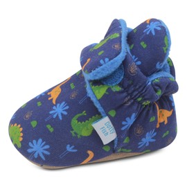 Dotty Fish Warm Fleece-Lined Baby Booties. Non-Slip Suede Sole. Navy Blue with Dinosaurs. 12-18 months