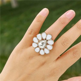 Cybche Vintage Gemstone Flower Ring White Moonstone Floral Ring Opal Cluster Flower Ring Gold Cz Flower Finger Ring Created Opal Ring Adjustable Open Ring Jewelry for Women