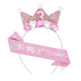 FloralGrace 3 Year Birthday Crown, Crown for Girls, Pink, L (Fits most 3-year-old girls)