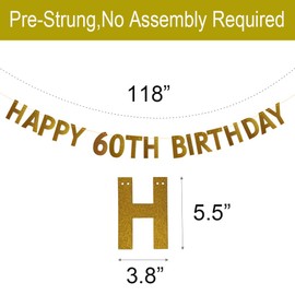 HAPPY 60TH BIRTHDAY Banner for 60th Birthday Party Decorations Supplies Pre-strung No Assembly Required Gold Glitter Paper Garlands Banner Letters Gold Betteryanzi