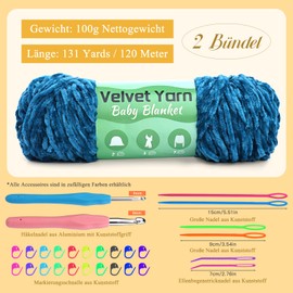 Velvet Dolphin Wool, 200g Chenille Wool, Blanket Yarn for Crochet, Weaving, Craft Yarn with 2 Crochet Hooks and Large Plastic Needle