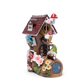 Hodao Spring Solar Gnomes Garden Decor - Whimsical Shoe House with Swinging Gnome, Hand-Painted Floral Base & Mushroom Swing for Porch, Yard, Flower Bed Garden Gifts for Women, Mom (Brown)