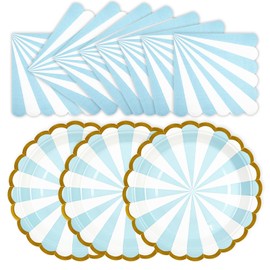 50PCS Blue Striped Paper Plates and Napkins Party Supplies, 7 inch Disposable Gold Foil Scalloped Dessert Plate Party Tableware Set for Birthday Wedding Bachelorette Baby/ Bridal Shower Decorations