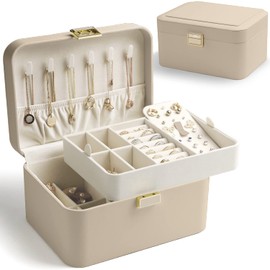 KAMIER Jewelry Organizer,2 Layer Jewelry Organizer Box for Earrings Bracelets Rings Necklaces,Luxury Leather & Soft Velvet Lined,Gift Box Packaging,Beige