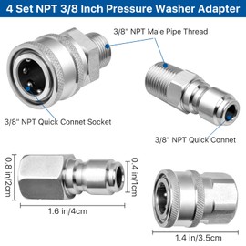 Elesunory 4 Set NPT 3/8 Inch Pressure Washer Coupler, Quick Connect Fittings, Stainless Steel Male and Female Quick Connect, Pressure Washer Adapter Set (Internal Thread and External Thread)
