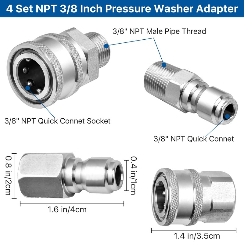 Elesunory 4 Set NPT 3/8 Inch Pressure Washer Coupler, Quick