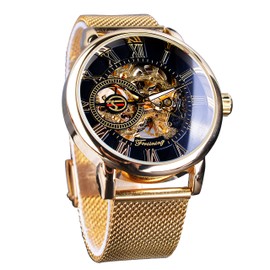 FORSINING Men's Skeleton Steampunk Watch for Men Mechanical Minimalist Retro Golden Wrist Watch Transparent Business Mesh Band Watch