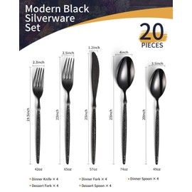 Lemeya 20-Piece Hammered Black Silverware Set,18/10 Stainless Steel Forging Heavy Duty Cutlery Set for 4, Luxury Unique Flatware Set,Spoons and Forks Set,Mirror Polished,Dishwasher Safe