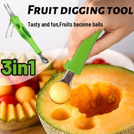 3 in 1 Ball Cutter, RosyFate Watermelon Cutter, Melon Cutter Balls, Stainless Steel Fruit Tool Set, with Fruit Fork, for Cantaloupe, Papaya, Dragon Fruit (B)