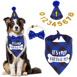 PTDECOR Dog Birthday Party Supplies, Plaid Boy Dog Birthday Hat with Numbers It's My Birthday Dog Puppy Birthday Bandana with Bow Set (Blue)
