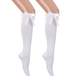Teaaha White Knee High Socks for Women, Breathable Casual Cotton Knee-High Stockings with Lace Ruffle Trim, Soft Scrunch Bow Calf Socks for Girls Lady Womans, Size 5-9