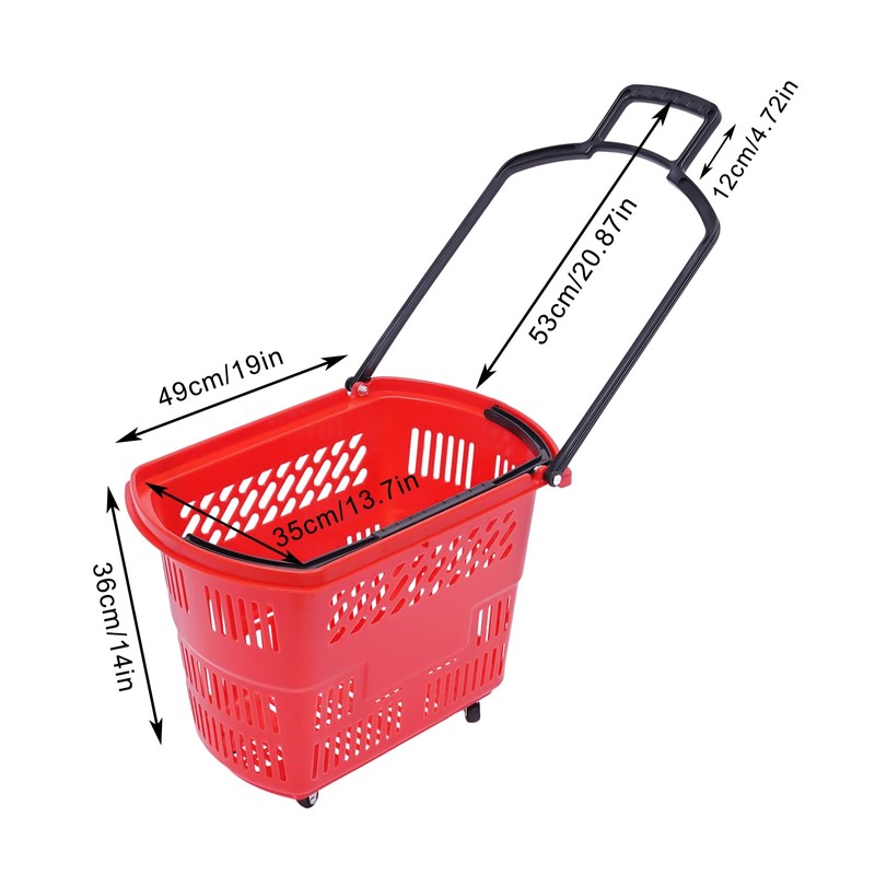 6PCS Plastic Shopping Basket with Handles&Wheels, 35L Rolling Shopping Cart