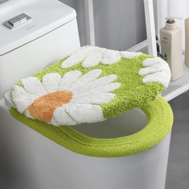 Dotesy 2 PCS Daisy Flower Toilet Lid Cover Plush Toilet Seat Cushion Pad for Bathroom Velvet Non-Slip Toilet Mat Set Easy Care with Elastic Bottom Universal Fit Warmer Thicker Soft (Grass Green)