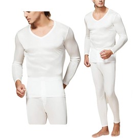 LingDooo Mens Pure Silk Winter Knit Underwear Winter Thermal Long Johns Set V Neck Silk Shirt +Pants