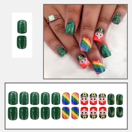 LBPEPAMZ 24Pcs St. Patrick's Day Press on Nails Short Square Fake Nails with Rainbow Belt Designs Solid Color Cute Little Man Glitter False Nails Green Bling Full Cover Bling Glue on Nails for Women