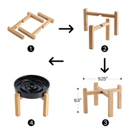 Addogyy Black Elevated/Raised Dog Bowl Ceramic Slow Feeder with Wood Stand for Small Medium Large Dogs, 8.66 in Dog Dish to Slow Down Eating,Modern Heavy Slow Puppy Bowl for Fast Eaters