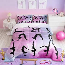 Gymnastics Bedding Set Full Size,Dancing Lover Silhouette Comforter Set 3pcs for Kids Girls Woman Gymnast Room Decor,Cheerleading Sports Quilt Set Pink White Duvet Insert with 2 Pillowcases