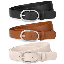 Huyfhksd 3 Pack Women Leather Belt for Jeans Pants Dresses Fashion Ladies Waist Belts with Gold Buckle, M, DBlack/Brown/Beige(Ellipes)