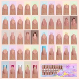 GZMAYUEN Pastel Press On Nails Almond, Pastel Blue Purple Pink Yellow Green French Artificial Fingernails for Gluing Full Cover Fingernails Fake Nails Tips 150 Pieces 15 Sizes