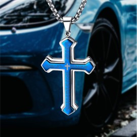 LeapoFaith Cross Pendant for Car Rear View Mirror Hanging Charm Car Decor Mirror Accessories Ornament Auto Interior Jesus Cross Necklace with Lord's Prayer Men Women Christian Gift (Blue)