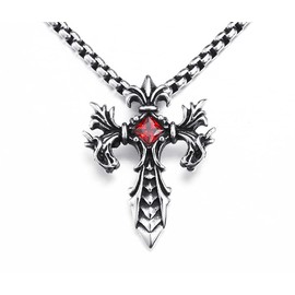 Sword Pendant, Gothic Cross Dragon Head Necklace for Men, Norse Viking Dragon Animal Charm Necklace Dragon Jewelry, Hip Hop Punk Dragon Cross Sword Pendant Necklace (Red)