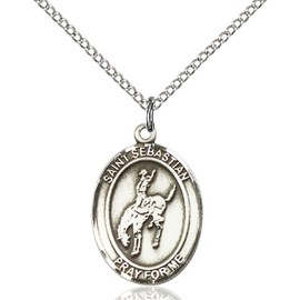 Bonyak Jewelry Saint Medal Collection Sterling Silver St. Sebastian/Rodeo Pendant 3/4 x 1/2 inches with Sterling Silver Lite Curb Chain