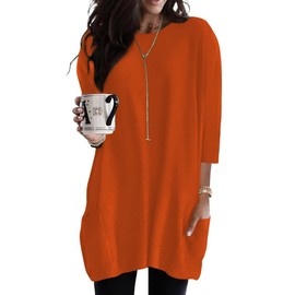 Womens Summer Casual 3/4 Sleeve Shirts Loose Fit Oversized Tshirts Tunic Tops with Pockets Orange M